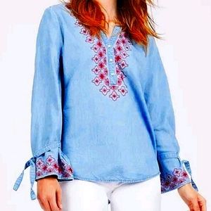 Hayes Popover Blue Boho Embroidered Chambray Blouse Size Small